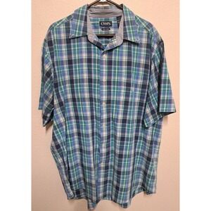 Chaps Easy Care Shirt Men's 2XLT Blue Green Plaid Button Up Short Sleeve